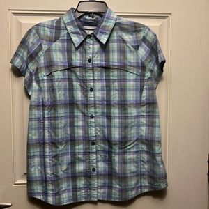Shirt sleeve purple plaid omnishade blouse